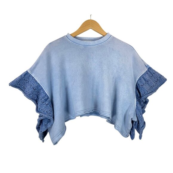 Altar'd State Ruffle crochet sleeve boho crop oversized top blue XL‎ - Picture 1 of 6